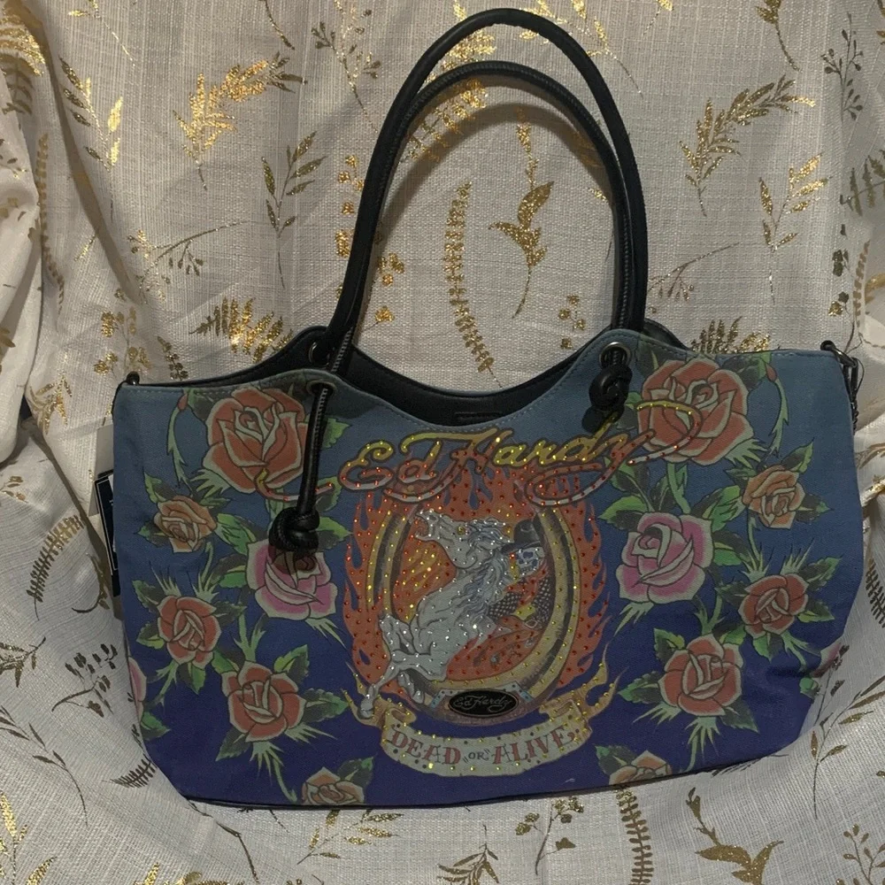 Ed Hardy Blue Floral Tattoo-Print Shoulder Bag